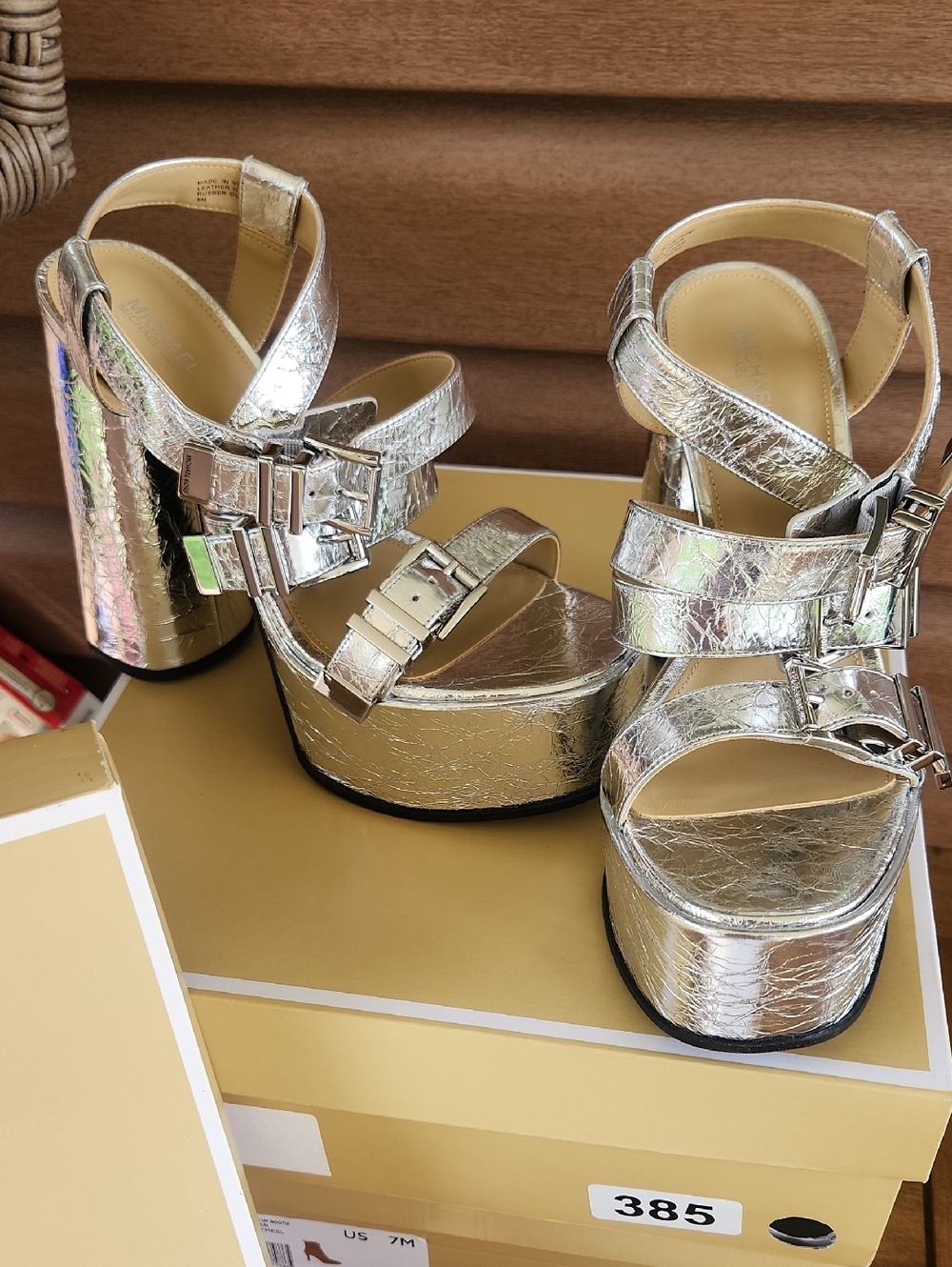 Michael Kors Silver Cracked Metallic Platform Sandals - Picture 3 of 7
